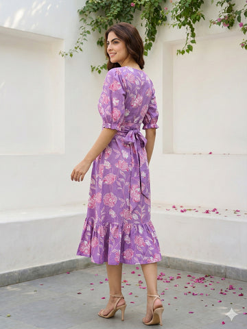 Jaitpuriya Purple Pure Cotton Fit & flare Gathered or Pleated Tierd Dresses