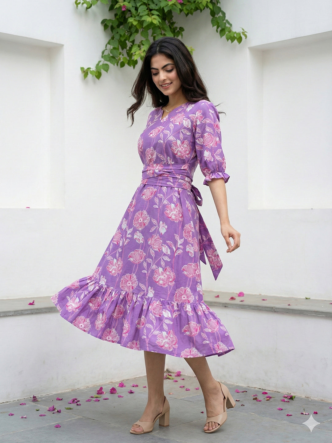 Jaitpuriya Purple Pure Cotton Fit & flare Gathered or Pleated Tierd Dresses