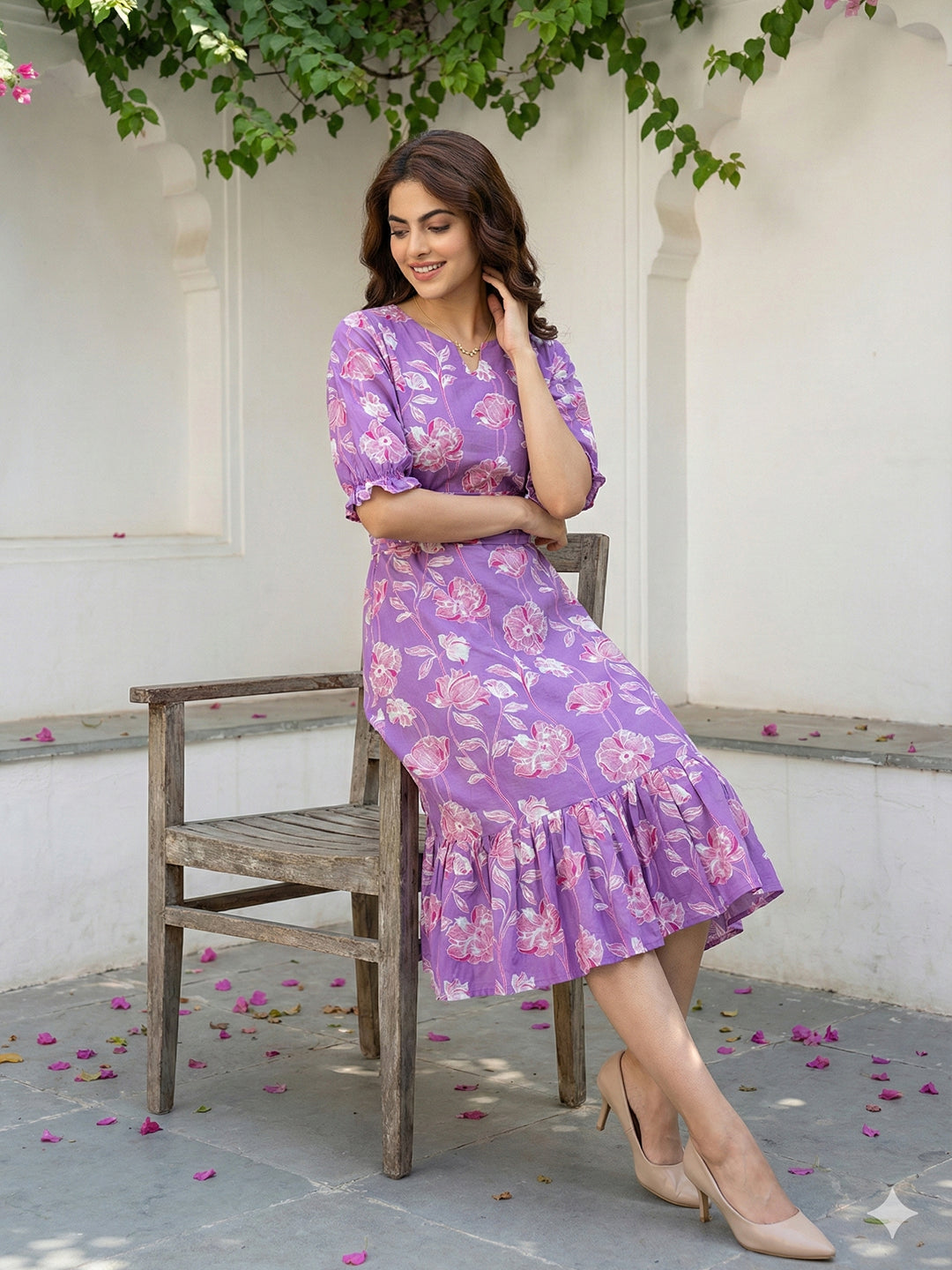 Jaitpuriya Purple Pure Cotton Fit & flare Gathered or Pleated Tierd Dresses