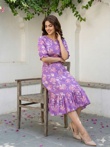 Jaitpuriya Purple Pure Cotton Fit & flare Gathered or Pleated Tierd Dresses