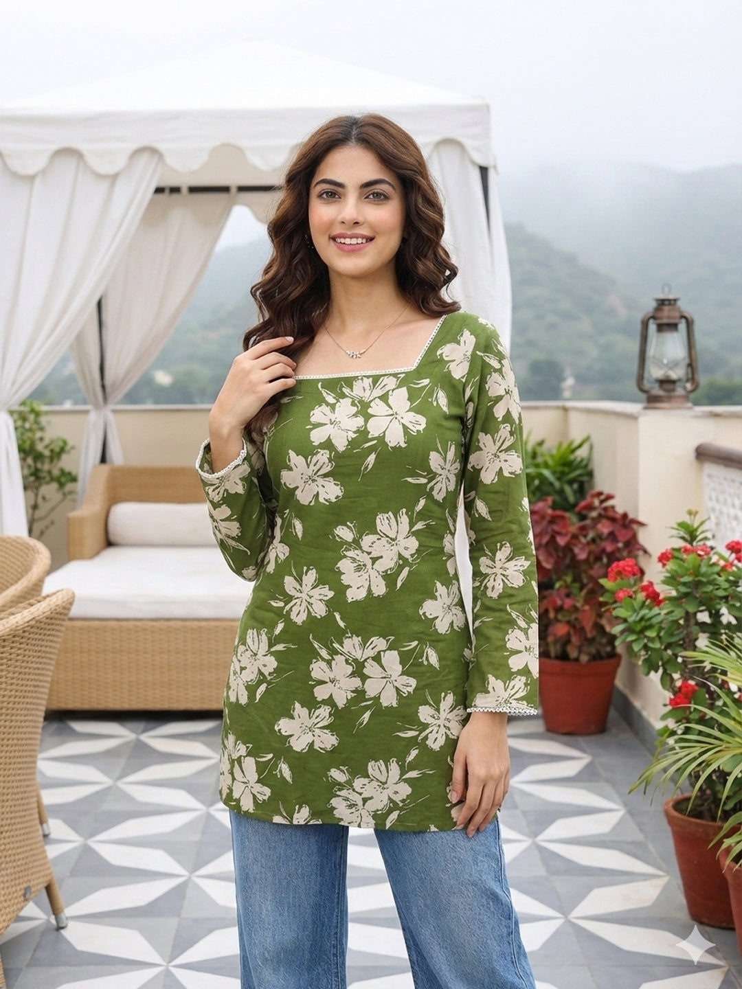 Jaitpuriya Olive Green Pure Cotton Straight Regular Kurti