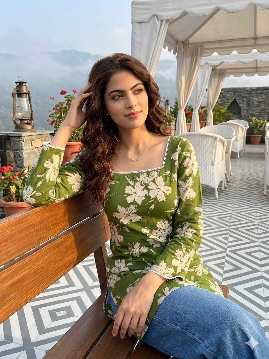 Jaitpuriya Olive Green Pure Cotton Straight Regular Kurti