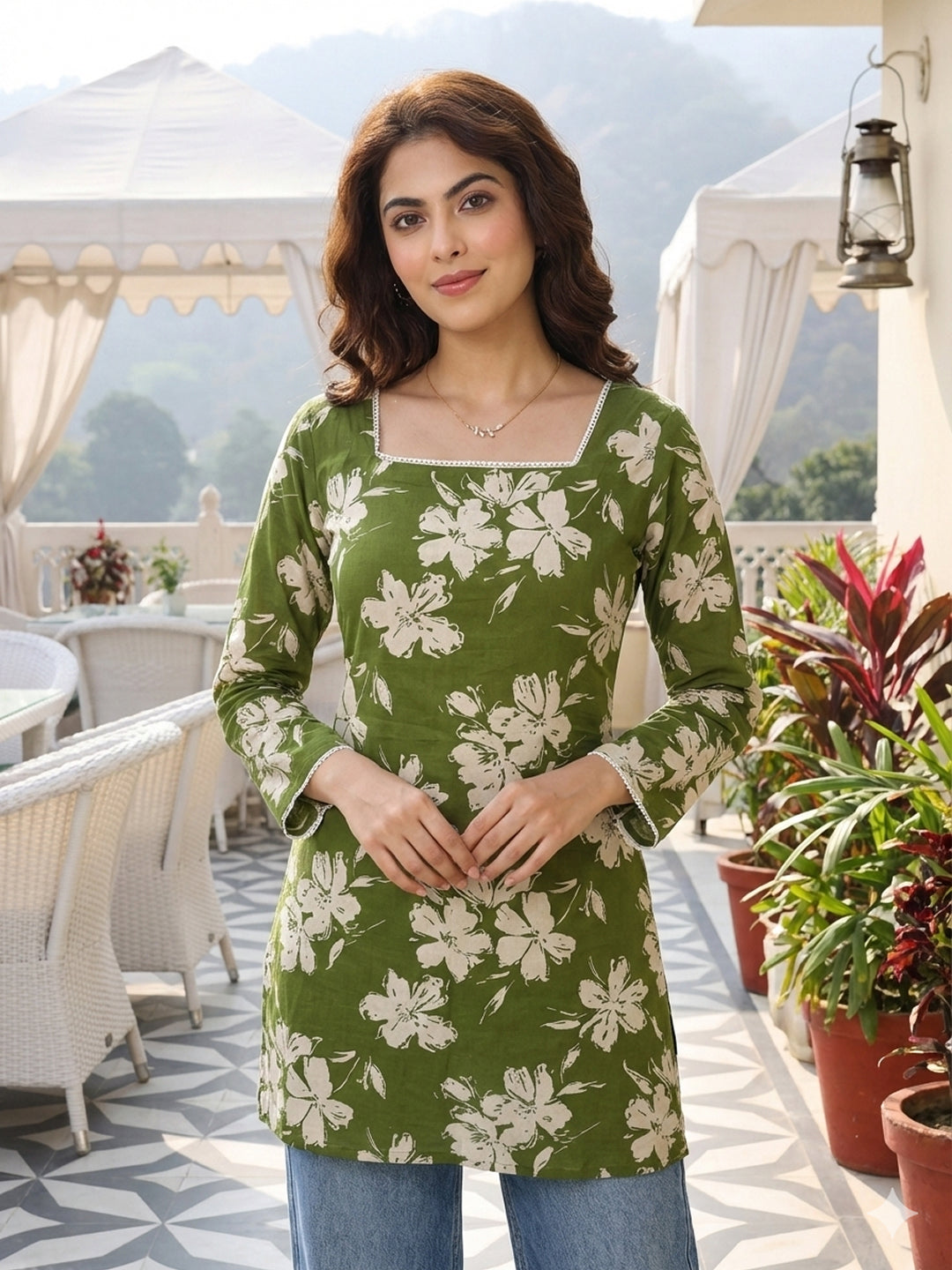 Jaitpuriya Olive Green Pure Cotton Straight Regular Kurti