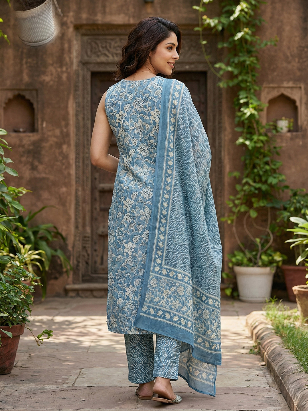 Jaitpuriya Blue And Beige Pure Cotton Straight Regular Kurta Set