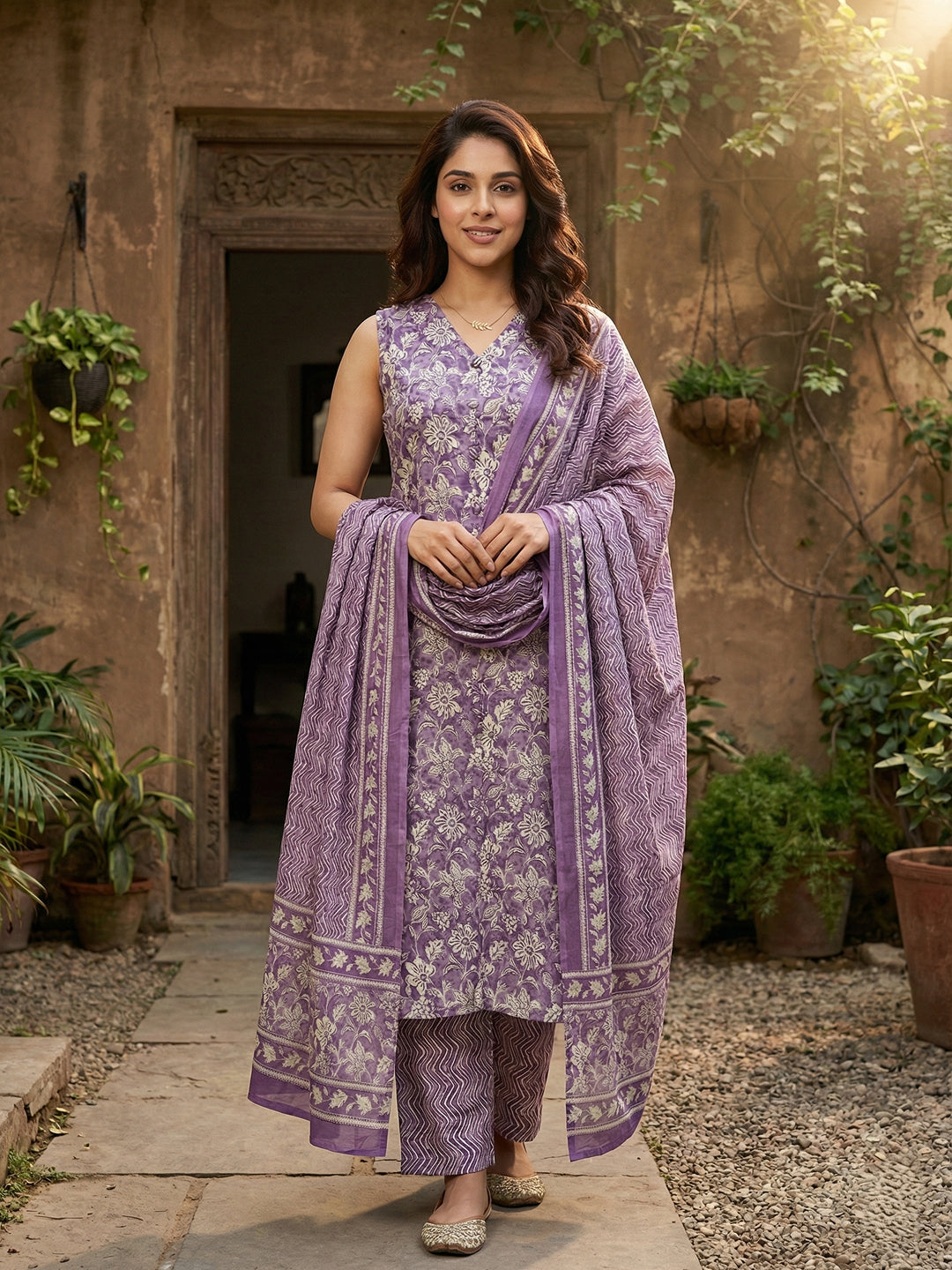 Jaitpuriya Mauve And Beige Pure Cotton Straight Regular Kurta Set