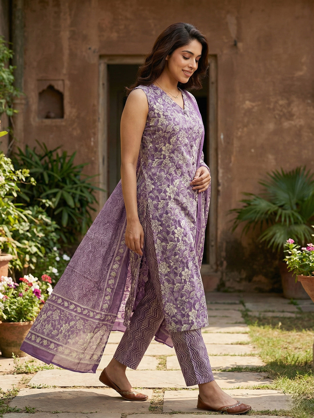 Jaitpuriya Mauve And Beige Pure Cotton Straight Regular Kurta Set