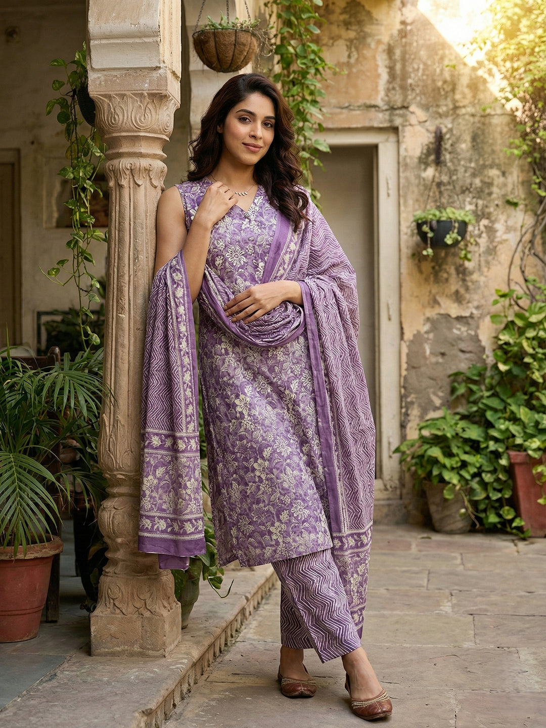 Jaitpuriya Mauve And Beige Pure Cotton Straight Regular Kurta Set