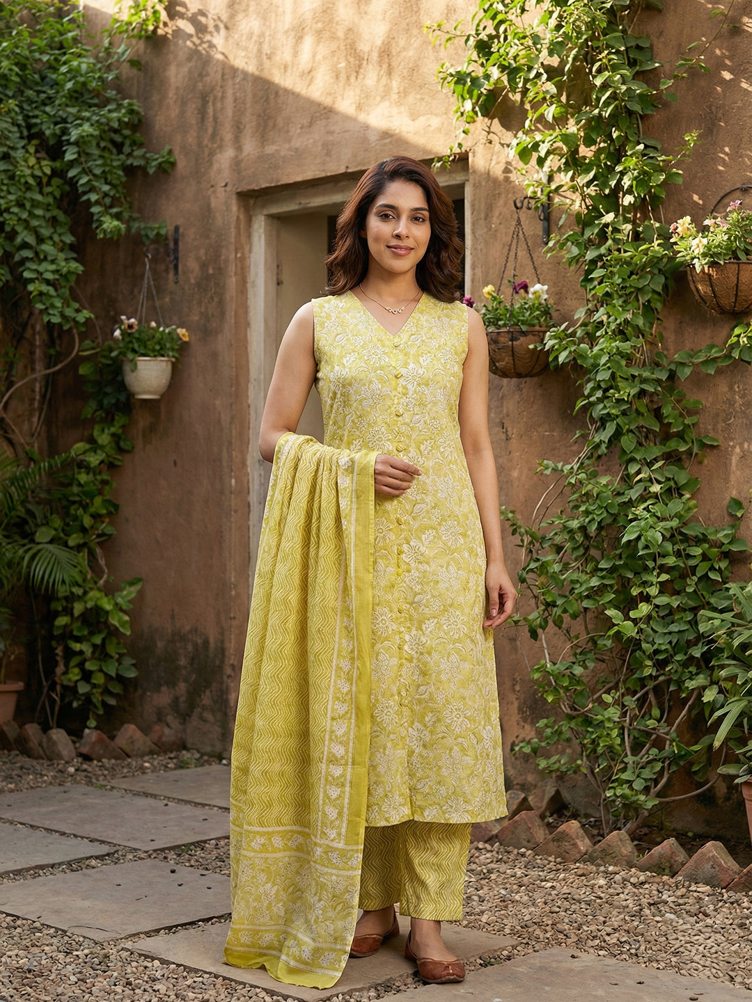 Jaitpuriya Yellow And Beige Pure Cotton Straight Regular Kurta Set