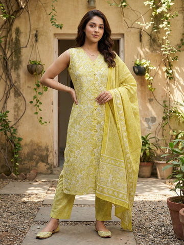Jaitpuriya Yellow And Beige Pure Cotton Straight Regular Kurta Set