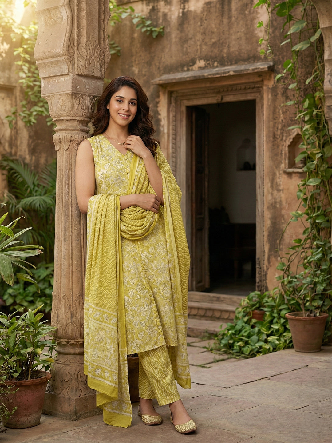 Jaitpuriya Yellow And Beige Pure Cotton Straight Regular Kurta Set