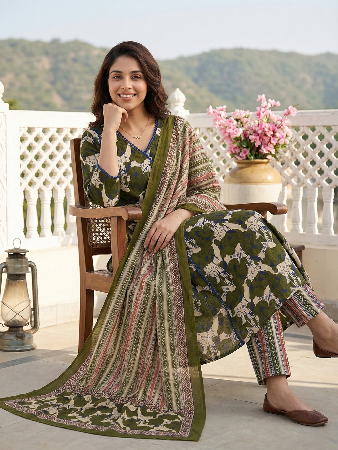 Jaitpuriya Green And Baige Pure Cotton A-line angrakha Kurta Set