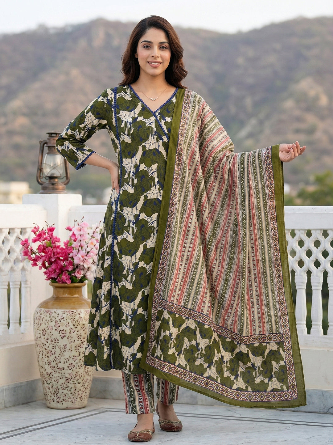 Jaitpuriya Green And Baige Pure Cotton A-line angrakha Kurta Set