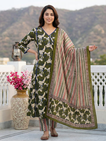 Jaitpuriya Green And Baige Pure Cotton A-line angrakha Kurta Set