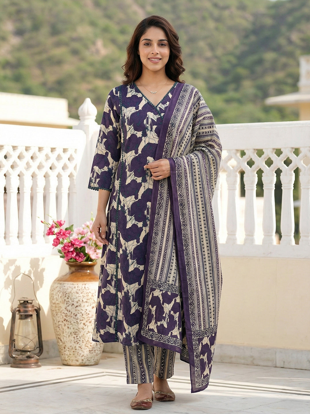 Jaitpuriya Purple And Baige Pure Cotton A-line angrakha Kurta Set