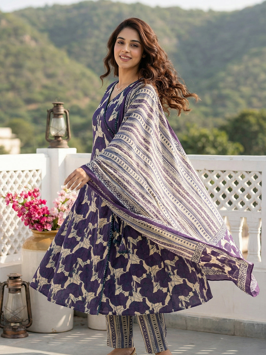 Jaitpuriya Purple And Baige Pure Cotton A-line angrakha Kurta Set