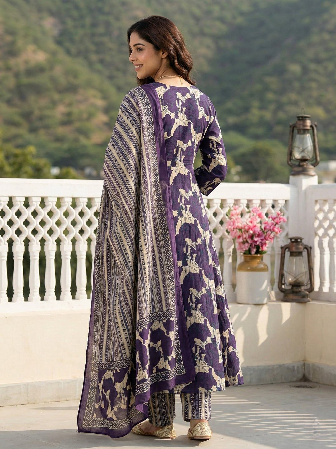 Jaitpuriya Purple And Baige Pure Cotton A-line angrakha Kurta Set