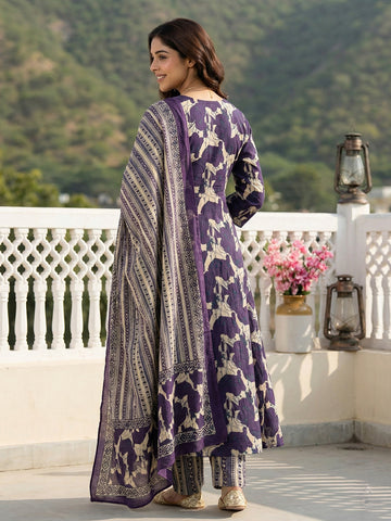 Jaitpuriya Purple And Baige Pure Cotton A-line angrakha Kurta Set