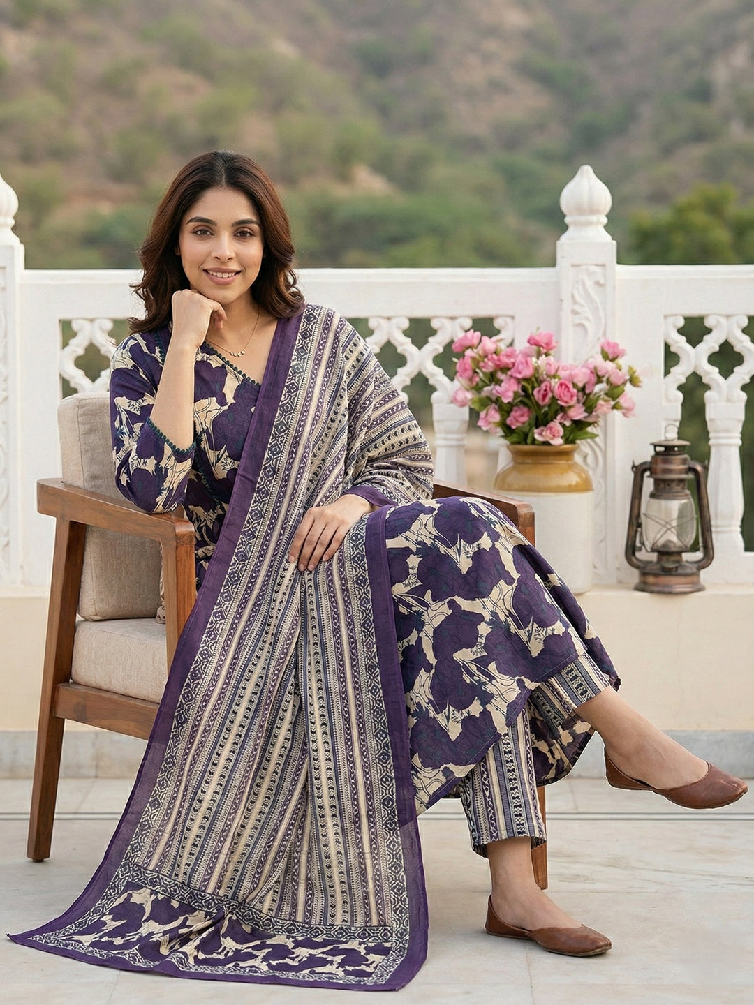 Jaitpuriya Purple And Baige Pure Cotton A-line angrakha Kurta Set