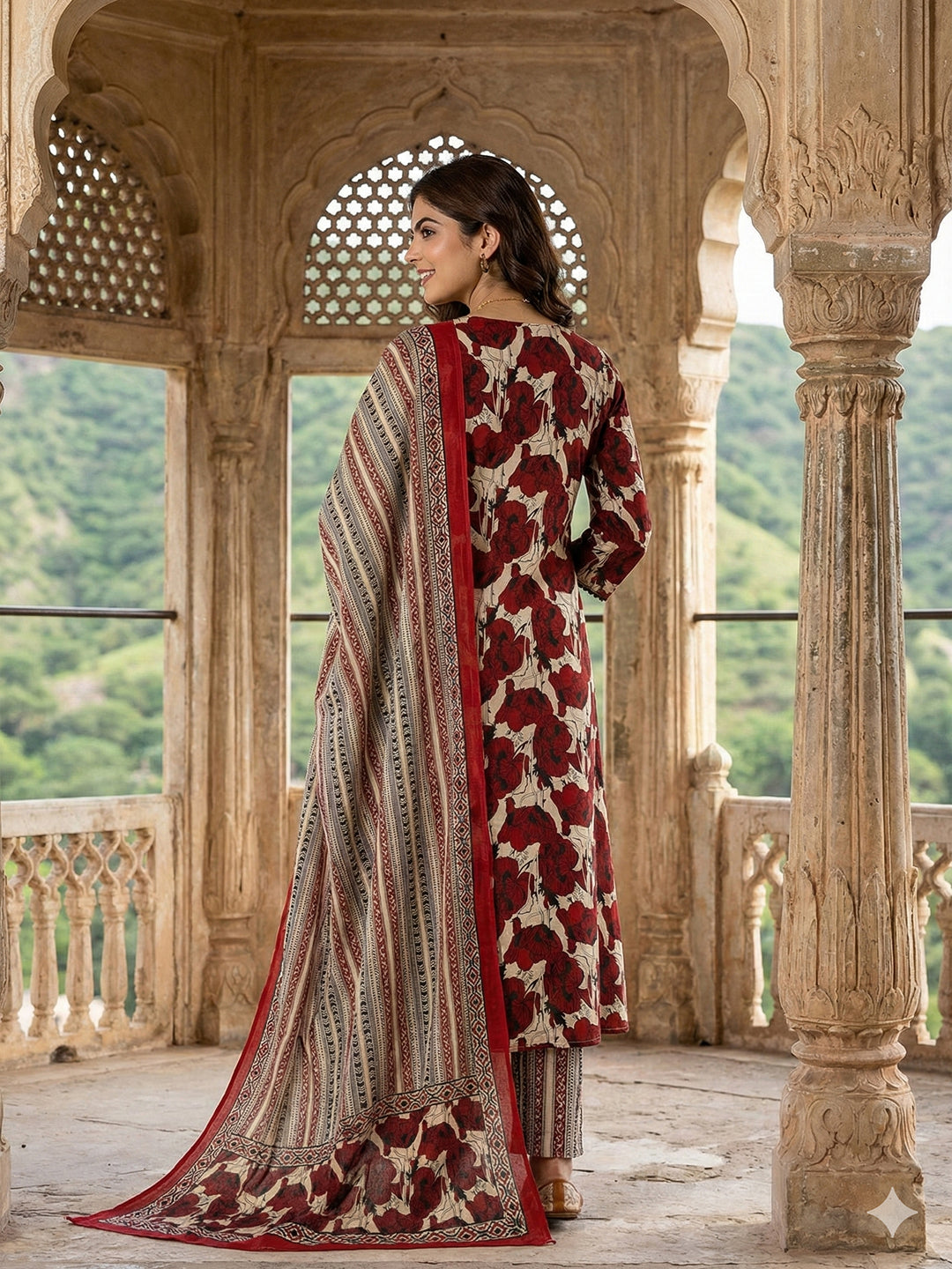 Jaitpuriya Red And Baige Pure Cotton A-line angrakha Kurta Set