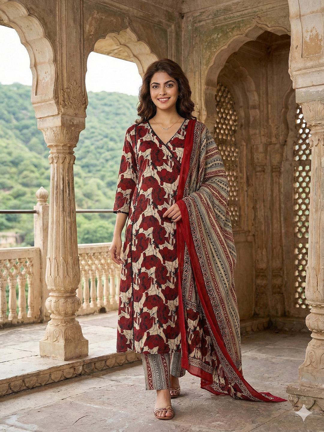 Jaitpuriya Red And Baige Pure Cotton A-line angrakha Kurta Set