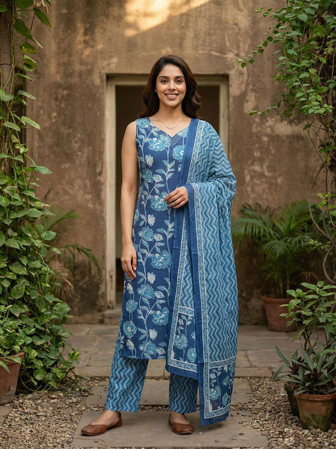Jaitpuriya Blue Pure Cotton Straight Regular Kurta Set