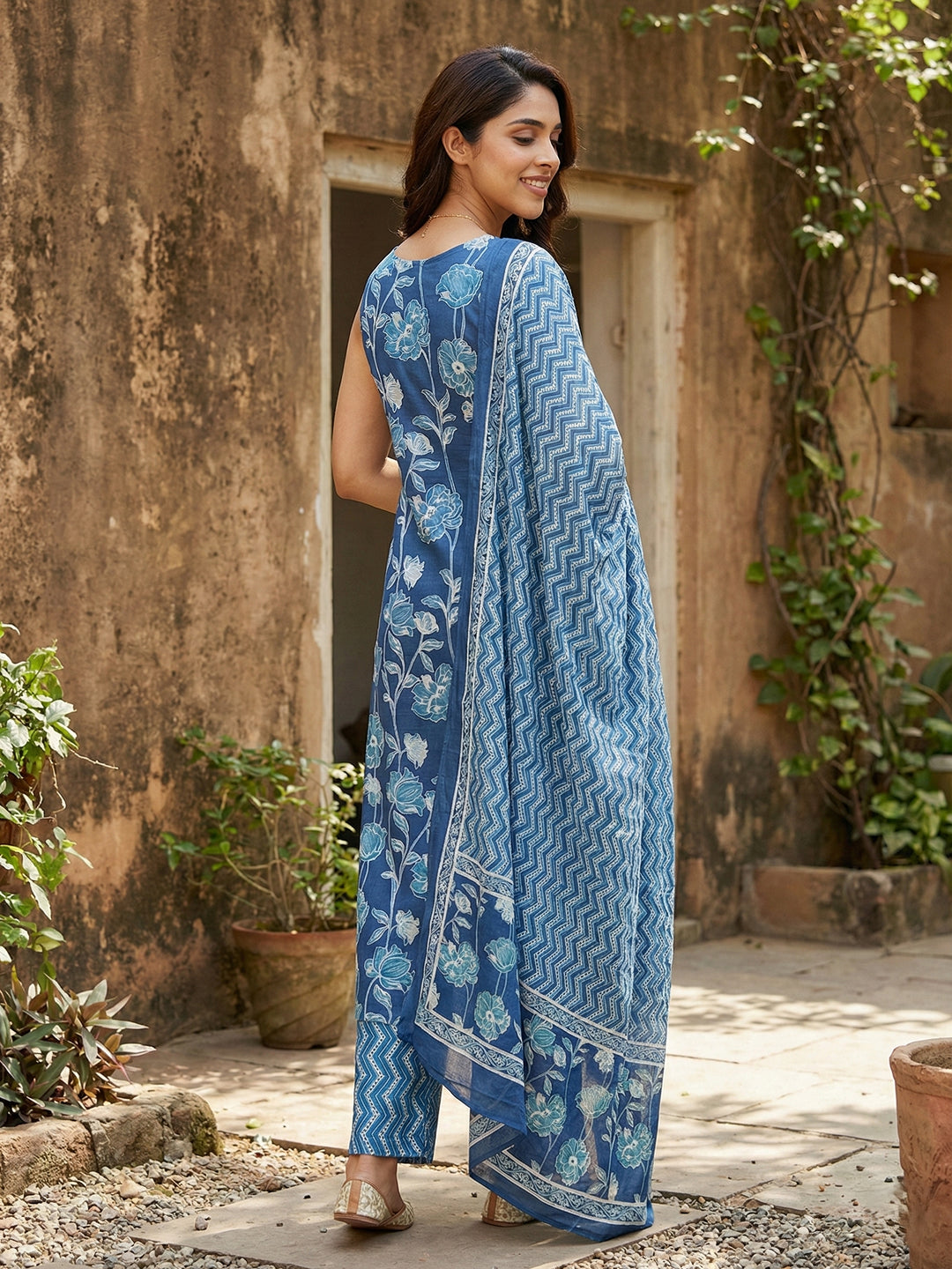 Jaitpuriya Blue Pure Cotton Straight Regular Kurta Set