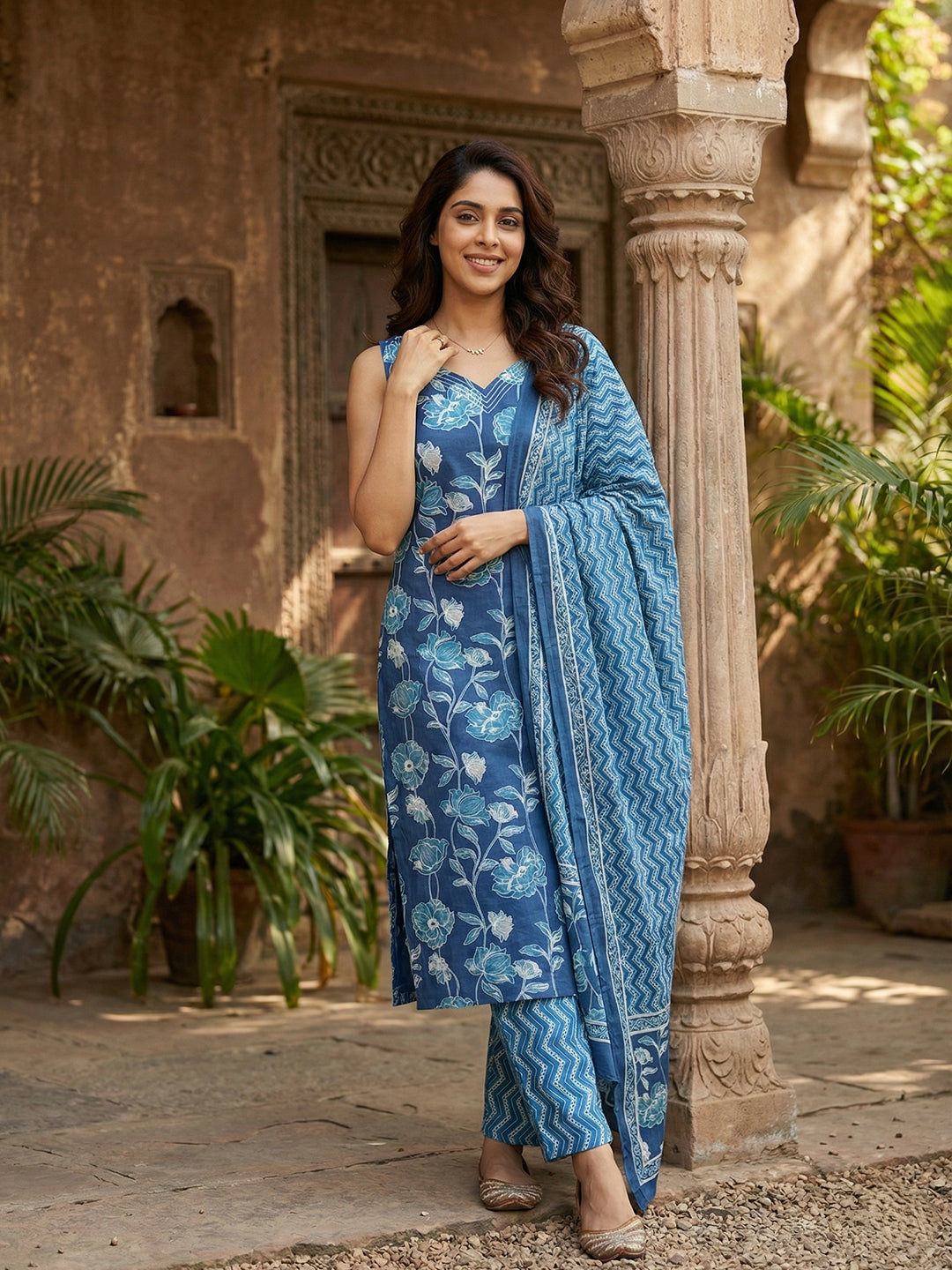Jaitpuriya Blue Pure Cotton Straight Regular Kurta Set