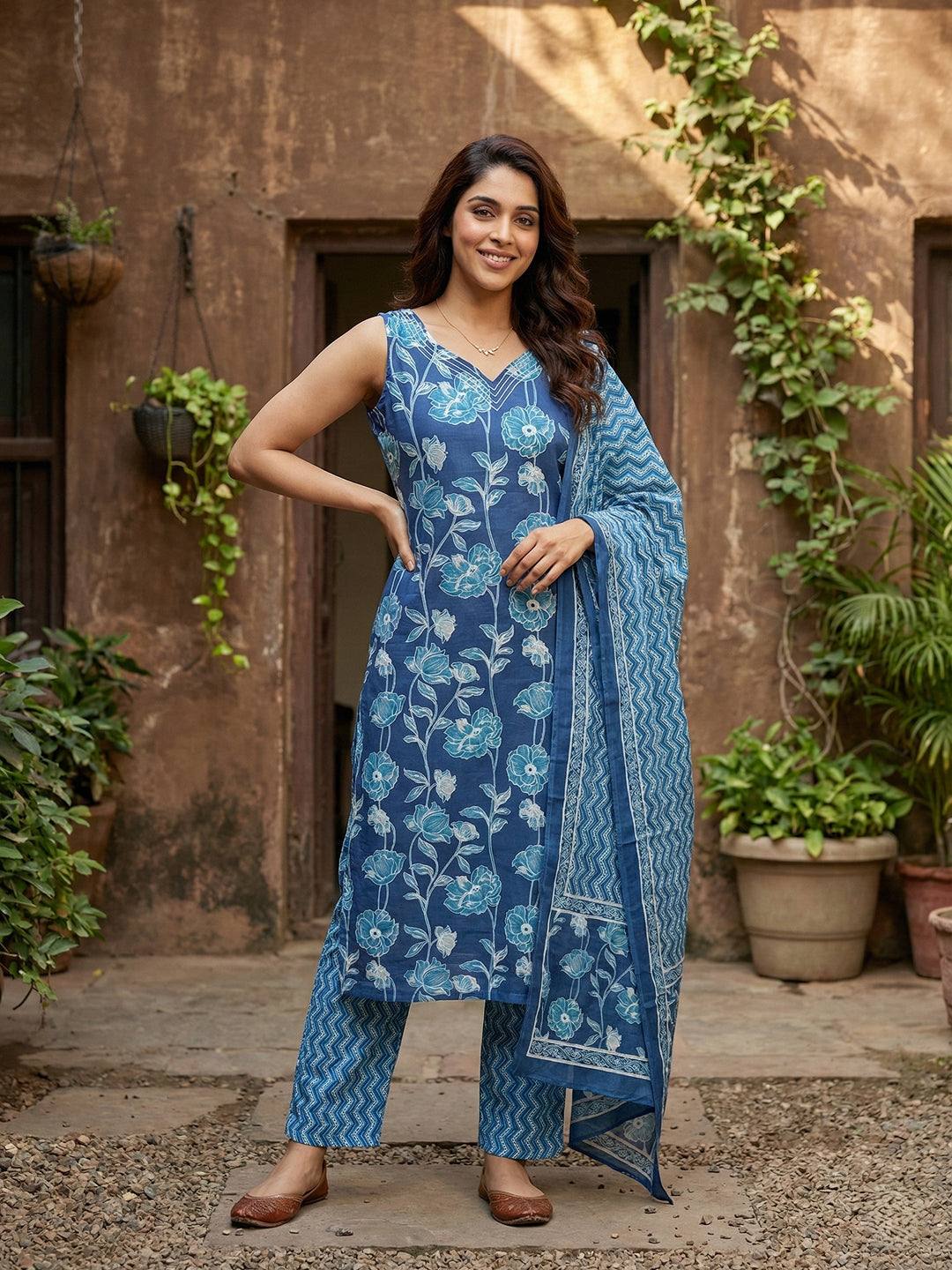 Jaitpuriya Blue Pure Cotton Straight Regular Kurta Set
