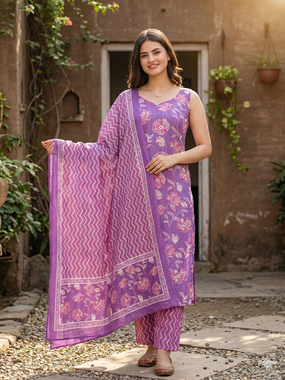 Jaitpuriya Purple Pure Cotton Straight Regular Kurta Set
