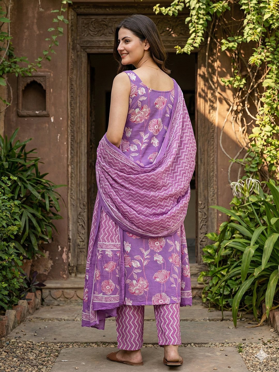 Jaitpuriya Purple Pure Cotton Straight Regular Kurta Set