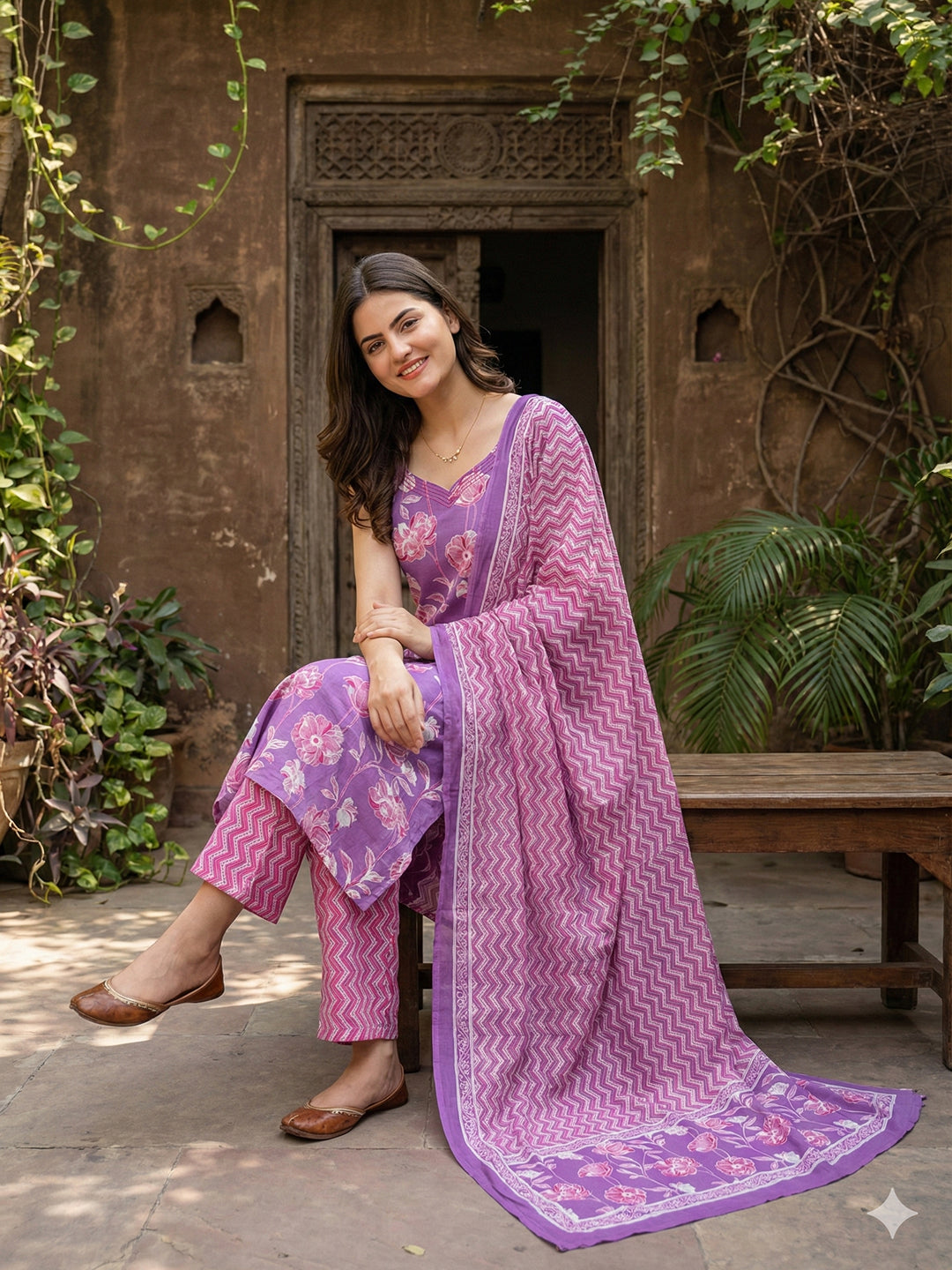 Jaitpuriya Purple Pure Cotton Straight Regular Kurta Set