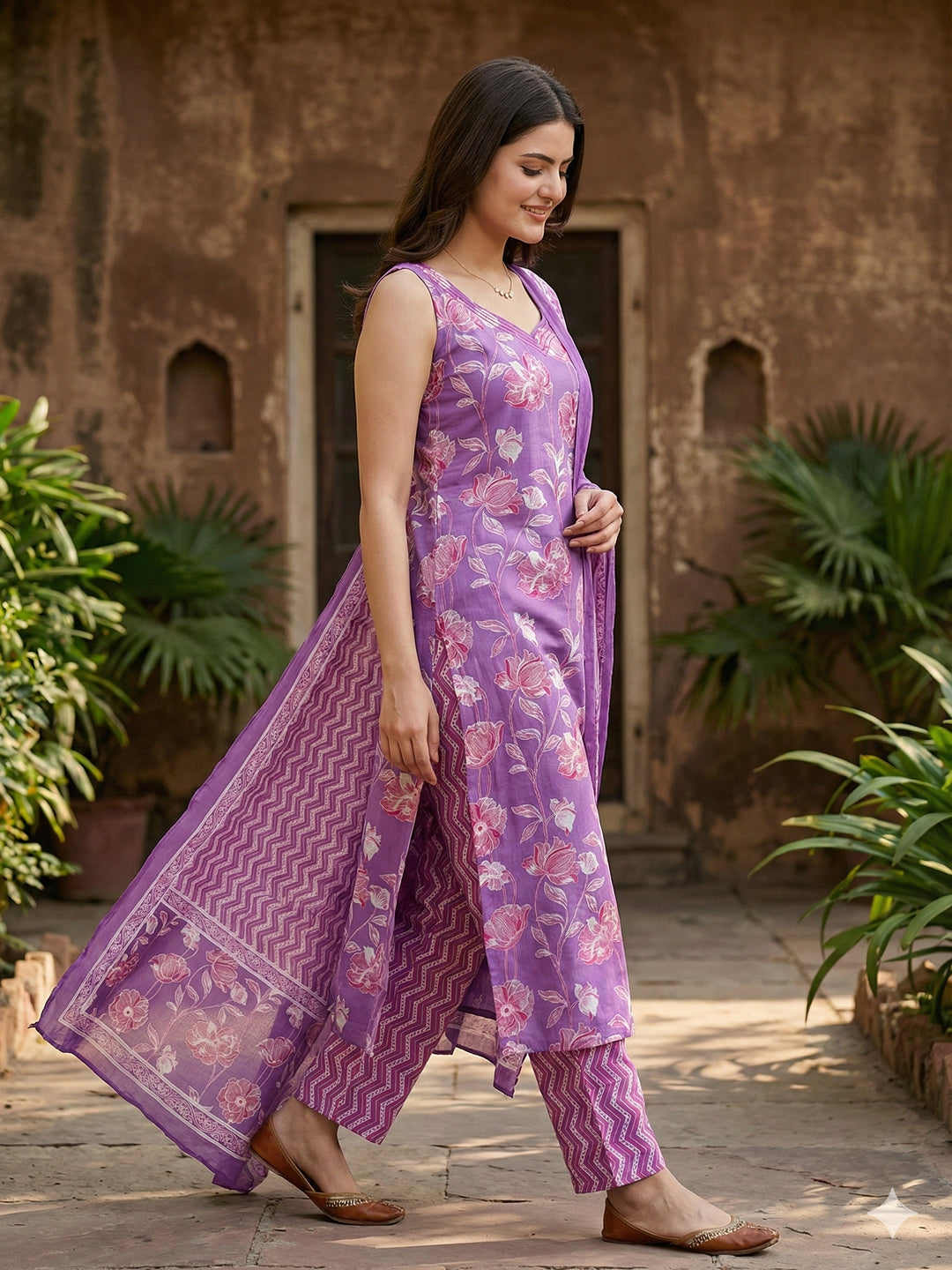 Jaitpuriya Purple Pure Cotton Straight Regular Kurta Set