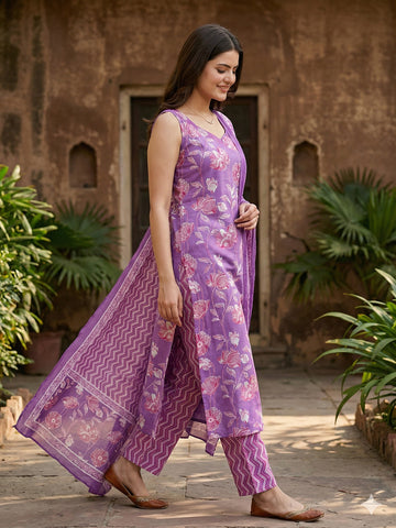 Jaitpuriya Purple Pure Cotton Straight Regular Kurta Set