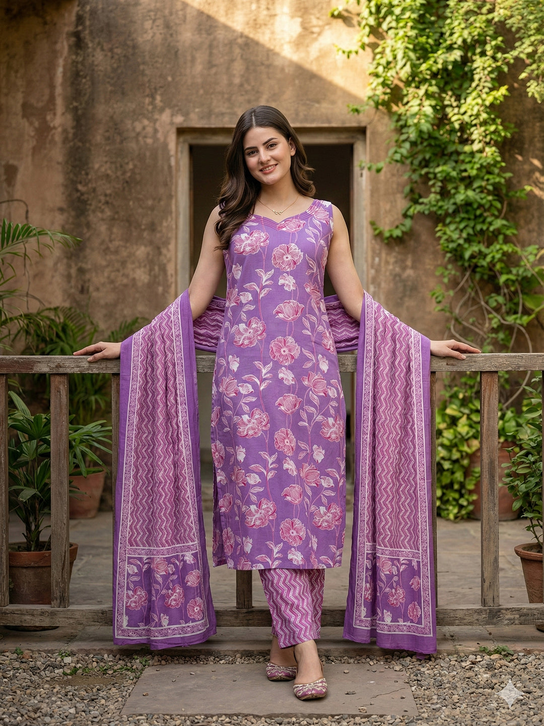 Jaitpuriya Purple Pure Cotton Straight Regular Kurta Set