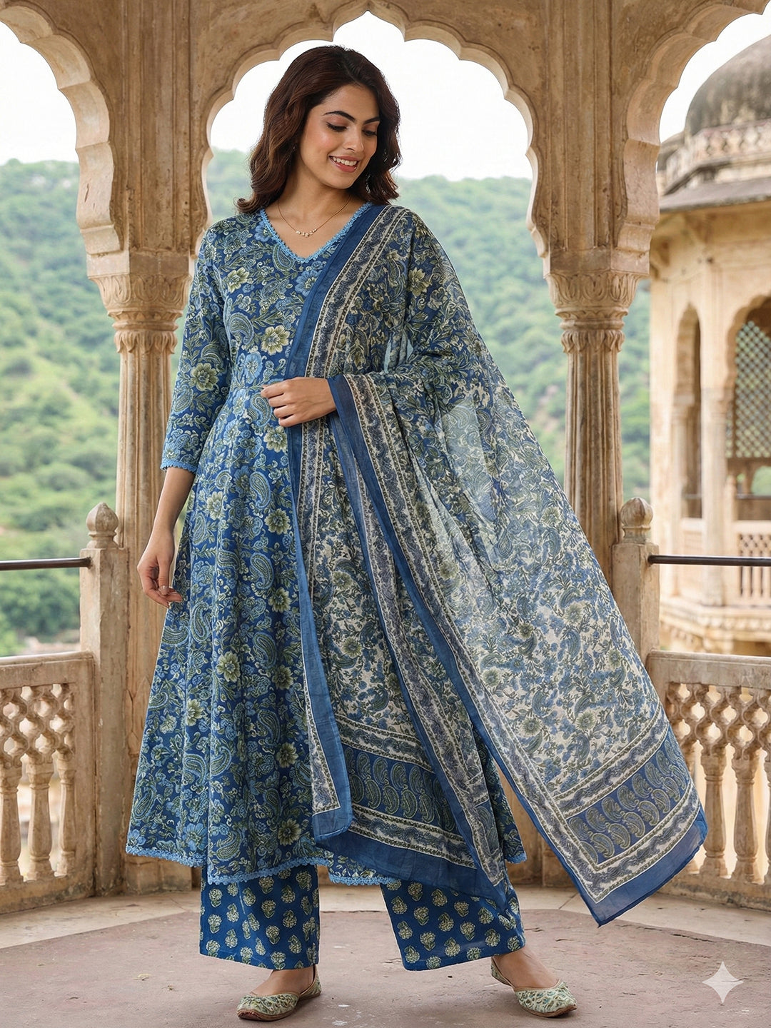 Jaitpuriya Blue aND Green Pure Cotton A-line Regular Kurta Set