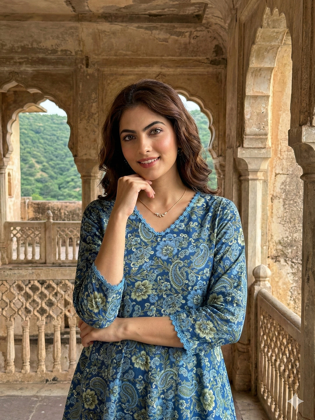 Jaitpuriya Blue aND Green Pure Cotton A-line Regular Kurta Set