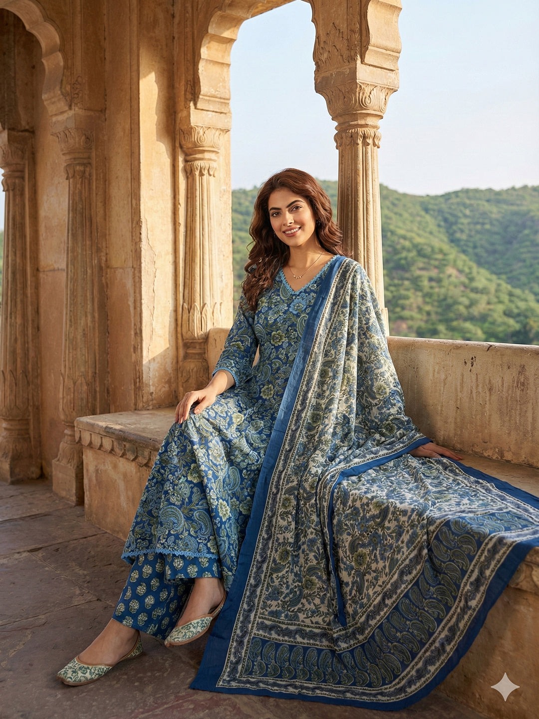 Jaitpuriya Blue aND Green Pure Cotton A-line Regular Kurta Set