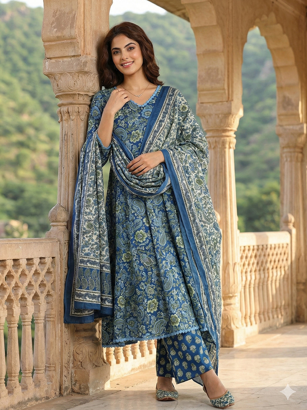 Jaitpuriya Blue aND Green Pure Cotton A-line Regular Kurta Set