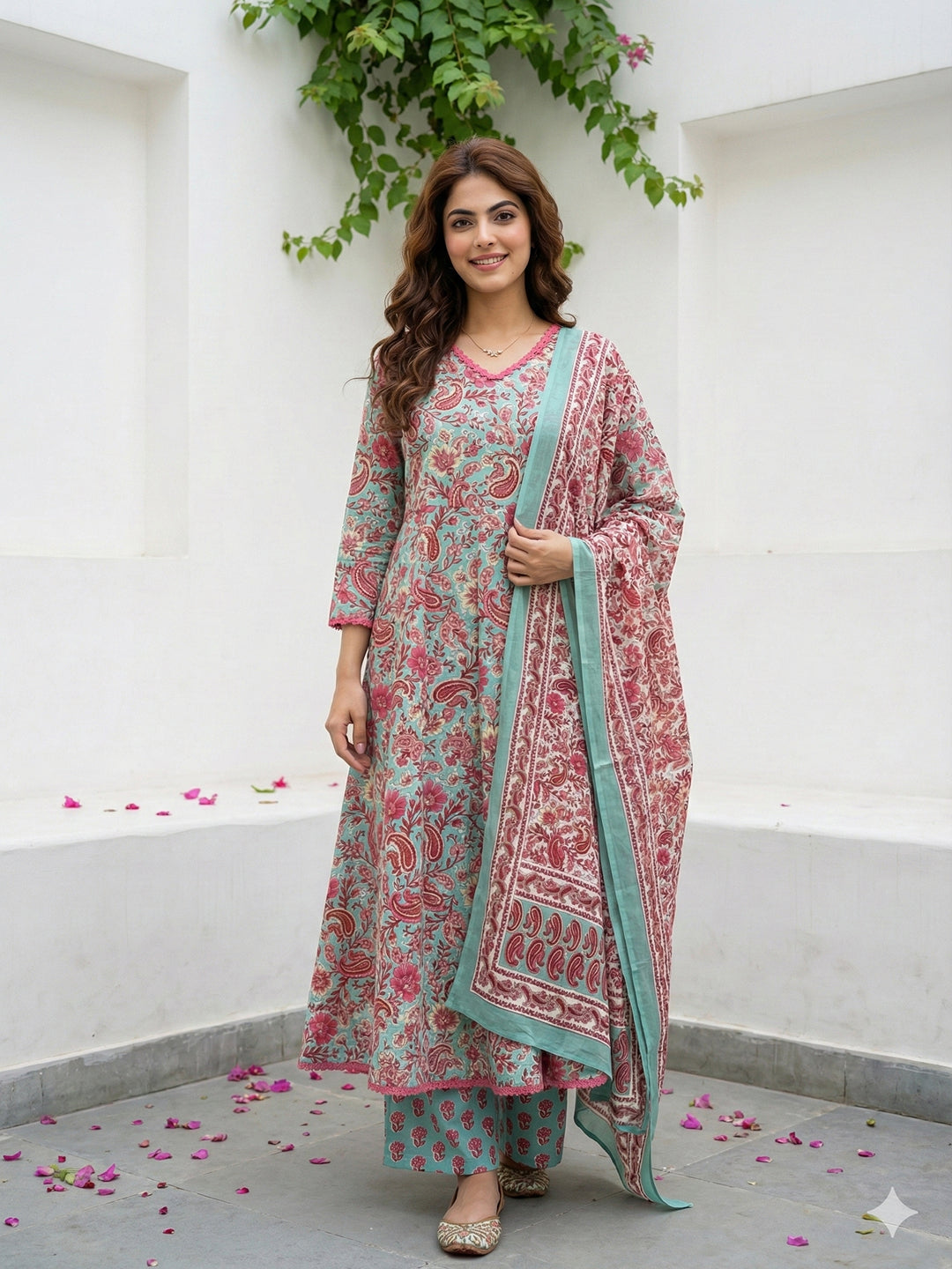 Jaitpuriya Teal Green aND Red Pure Cotton A-line Regular Kurta Set
