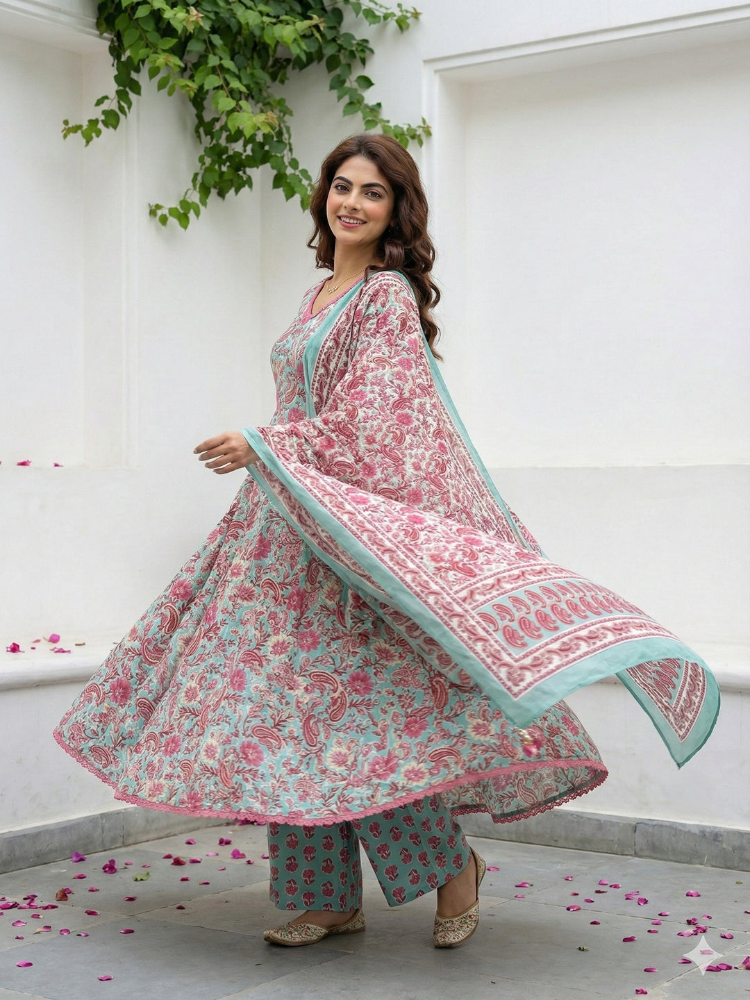 Jaitpuriya Teal Green aND Red Pure Cotton A-line Regular Kurta Set