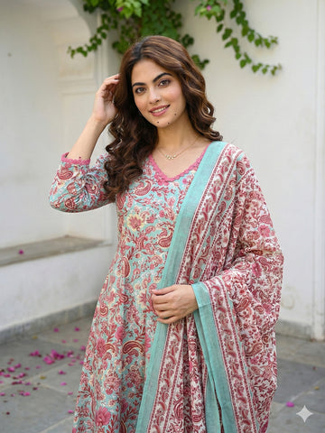 Jaitpuriya Teal Green aND Red Pure Cotton A-line Regular Kurta Set
