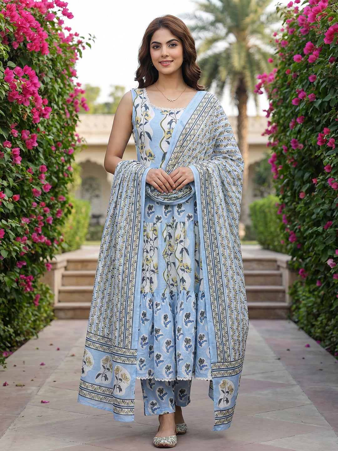 Jaitpuriya Sky Blue  And Cream Pure Cotton Anarkali Gathered or Pleated Kurta Set