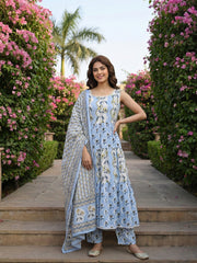 Jaitpuriya Sky Blue  And Cream Pure Cotton Anarkali Gathered or Pleated Kurta Set