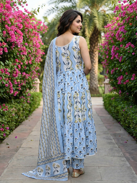 Jaitpuriya Sky Blue  And Cream Pure Cotton Anarkali Gathered or Pleated Kurta Set