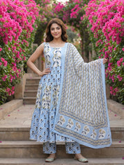 Jaitpuriya Sky Blue  And Cream Pure Cotton Anarkali Gathered or Pleated Kurta Set
