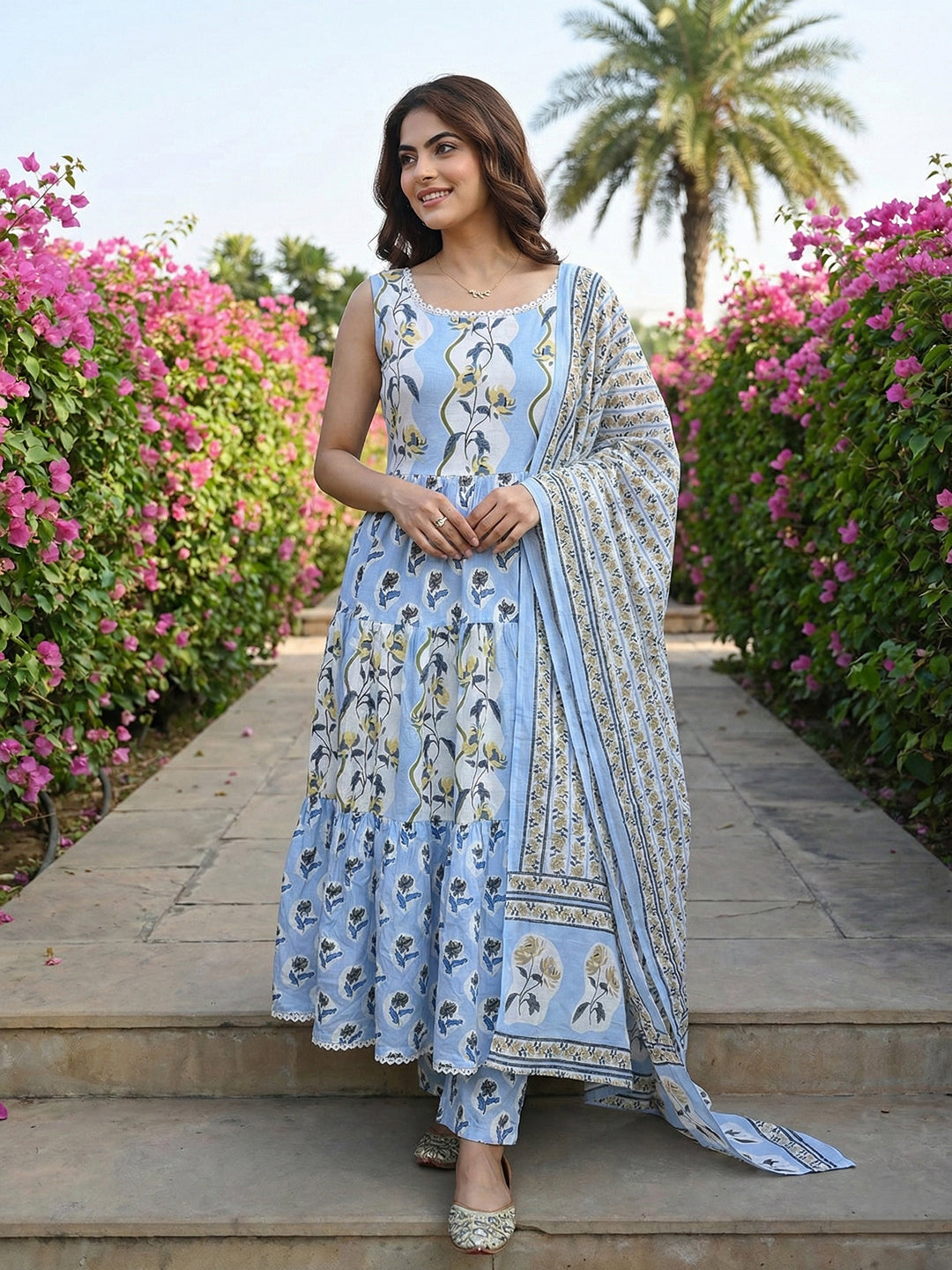 Jaitpuriya Sky Blue  And Cream Pure Cotton Anarkali Gathered or Pleated Kurta Set