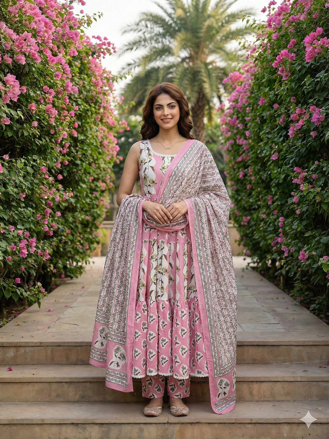 Jaitpuriya mauve  And Cream Pure Cotton Anarkali Gathered or Pleated Kurta Set