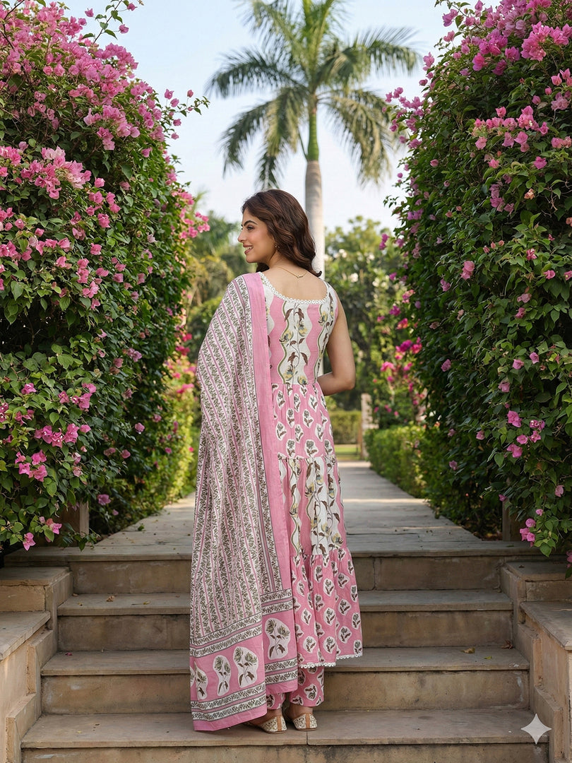 Jaitpuriya mauve  And Cream Pure Cotton Anarkali Gathered or Pleated Kurta Set