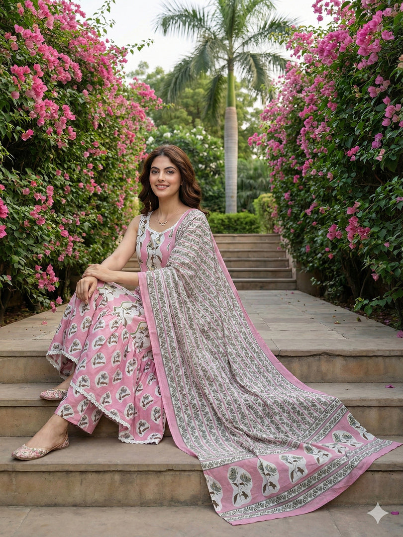 Jaitpuriya mauve  And Cream Pure Cotton Anarkali Gathered or Pleated Kurta Set