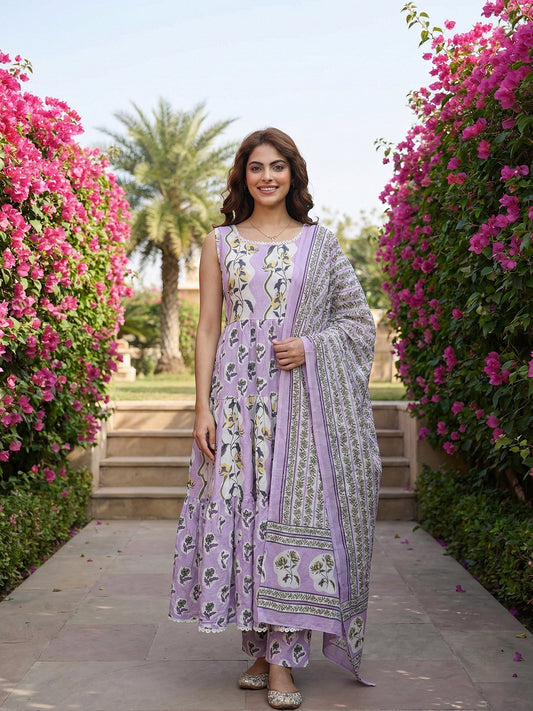 Jaitpuriya Purple  And Cream Pure Cotton Anarkali Gathered or Pleated Kurta Set